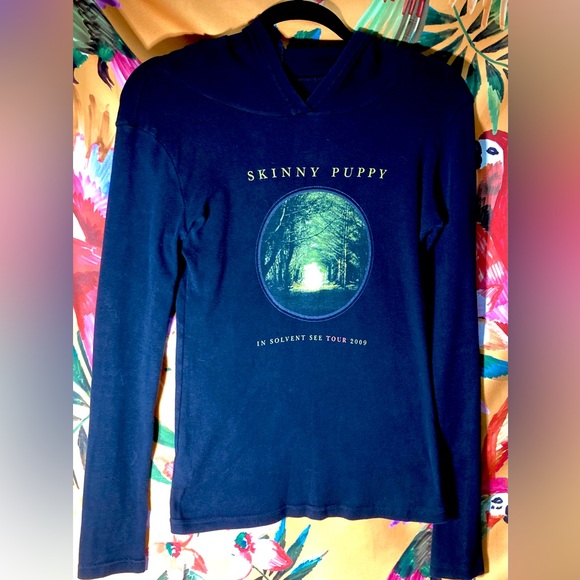 Vintage Distressed Skinny Puppy In Solvent See Concert Tour Hooded T-shirt S - Picture 2 of 12